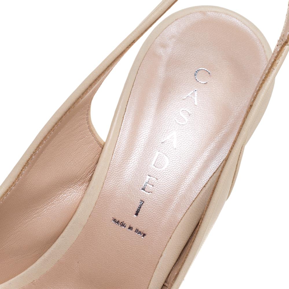 Beige Casadei Cream Leather Platform Slingback Peep Toe Sandals Size 38 For Sale