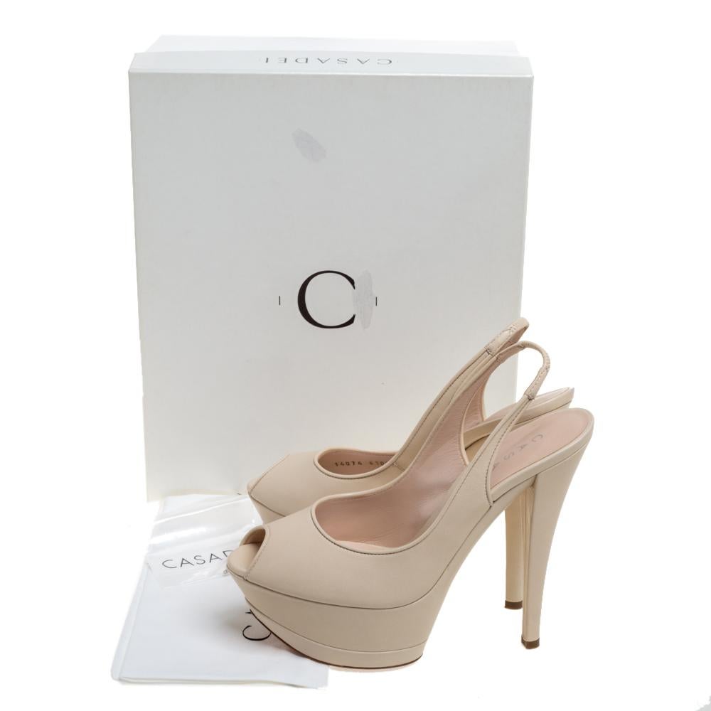 Women's Casadei Cream Leather Platform Slingback Peep Toe Sandals Size 38 For Sale