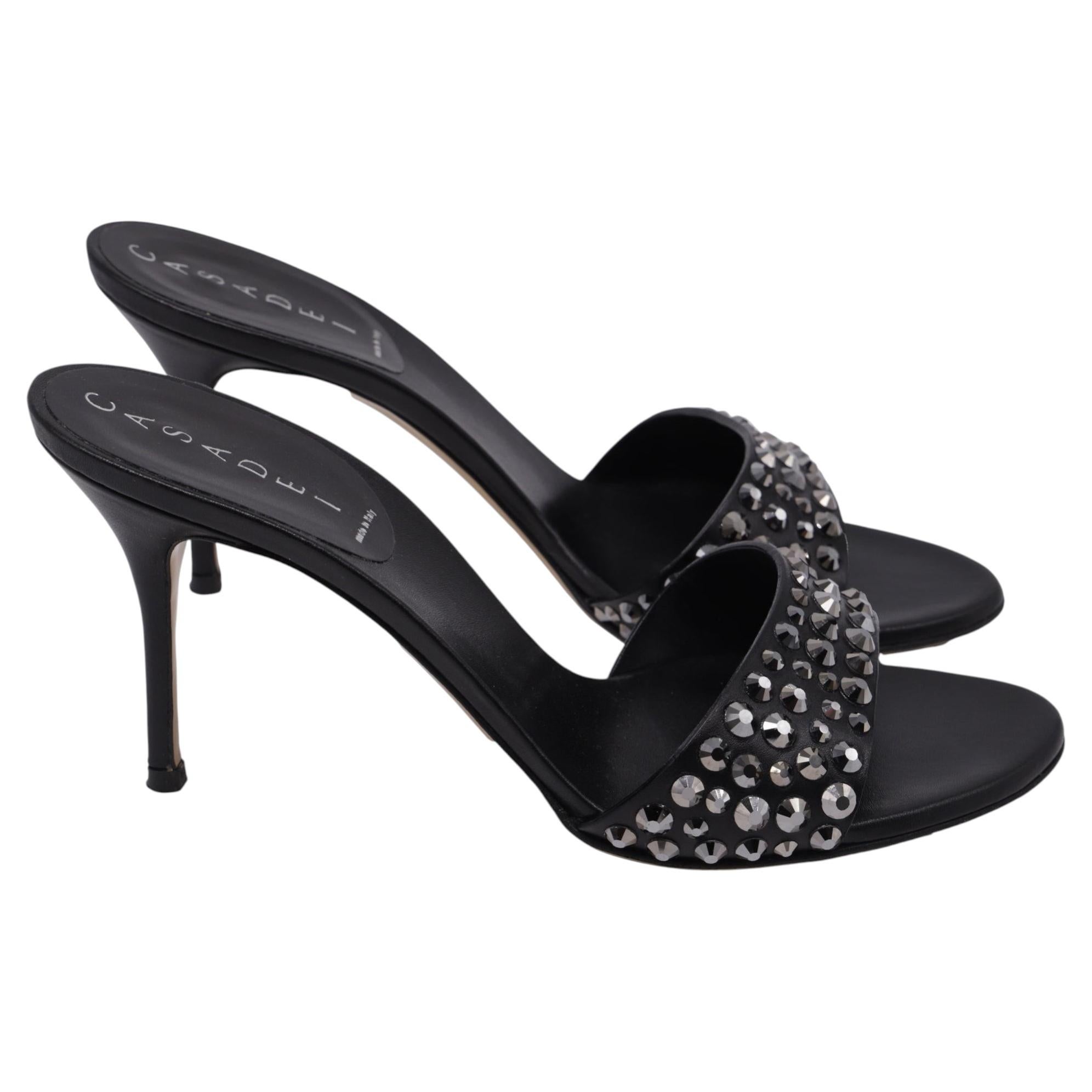 Casadei-Sandalen mit Kristallverzierung und Absatz aus schwarzem Leder