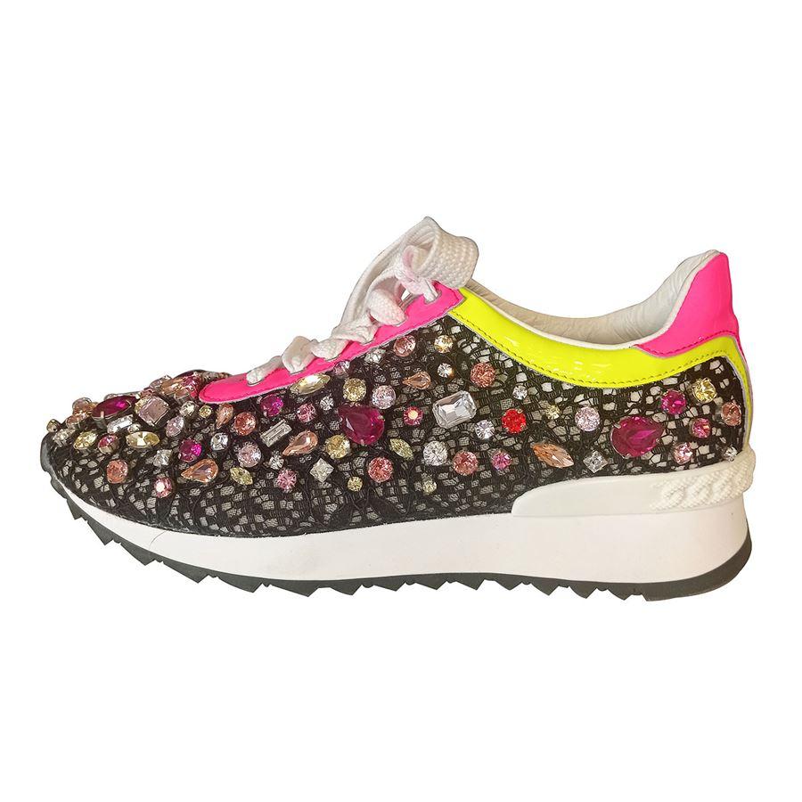 San gallo lace Black color Pink and yellow fluo patent Multicolored Swarovski crystals Laced Rubber sole, 2,5 cm height (0,98 inches) Original price euro 995
