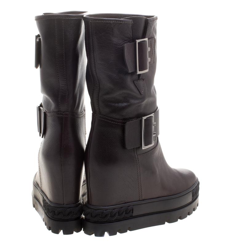 Black Casadei Dark Brown Leather Wedge Boots Size 40
