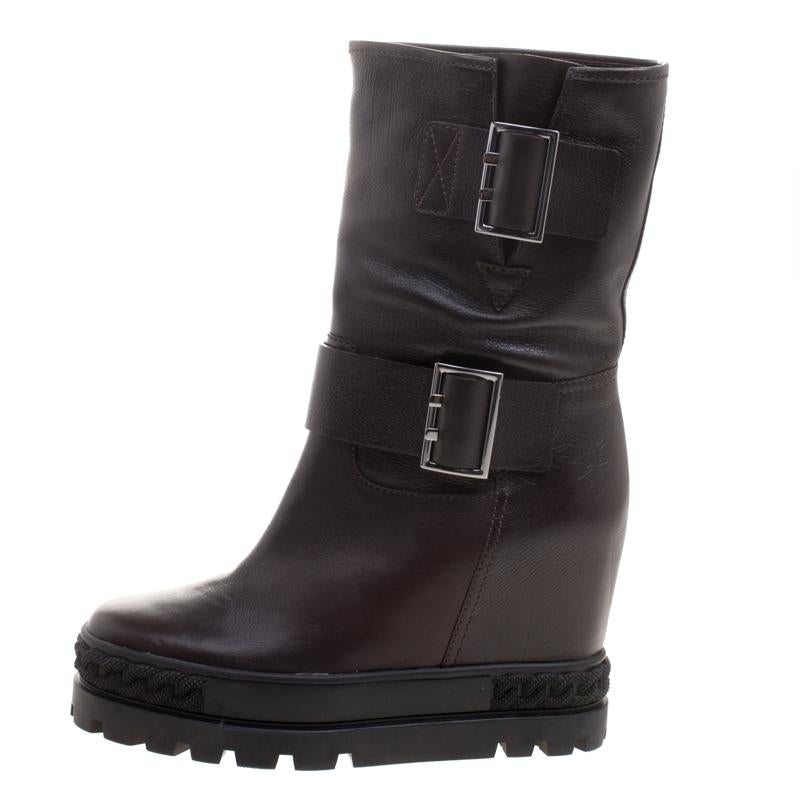 Women's Casadei Dark Brown Leather Wedge Boots Size 40