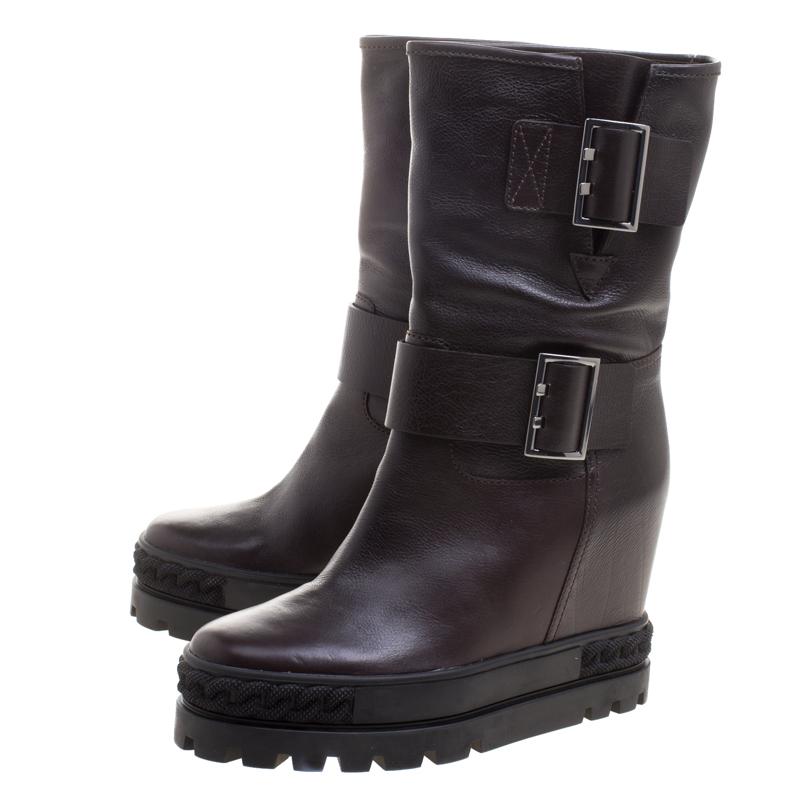 Casadei Dark Brown Leather Wedge Boots Size 40 1