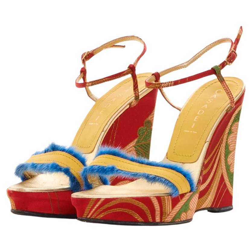 Casadei Early 2000s satin leather fur-trim wedge ankle strap sandals in vendita