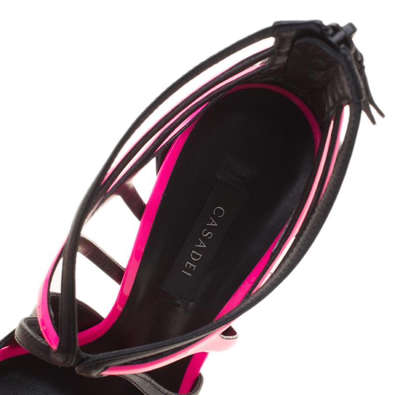 Casadei Fuchsia Pink and Black Leather Cutout Sandals Size 39 2