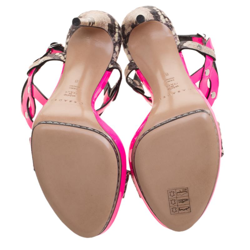 Casadei Fuschia Patent Embossed Roccia Platform Ankle Strap Sandals Size 38 1