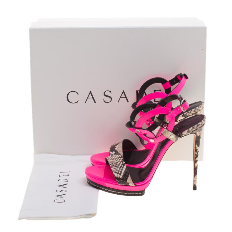 Casadei Fuschia Pink Patent and Embossed Roccia Leather Platform Ankle Strap San 4
