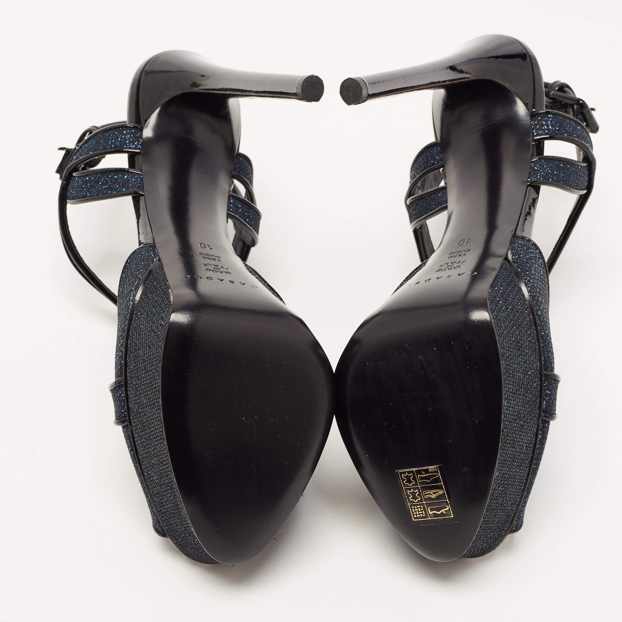 Casadei Glitter Lace and Patent Leather Platform Ankle Strap Sandals Size 40 In Excellent Condition In Dubai, Al Qouz 2