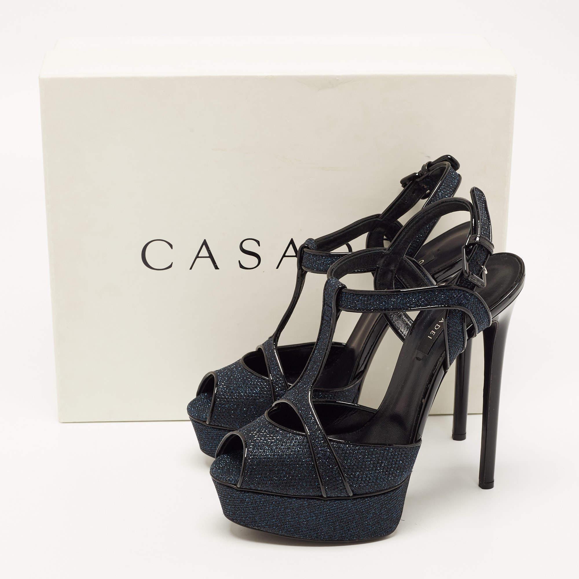 Casadei Glitter Lace and Patent Leather Platform Ankle Strap Sandals Size 40 3