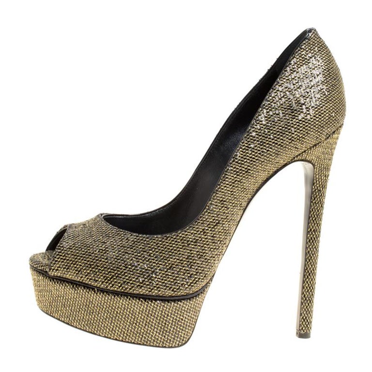 Casadei Glitter Lamé Fabric Daisy Peep Toe Platform Pumps Size 38.5 For ...