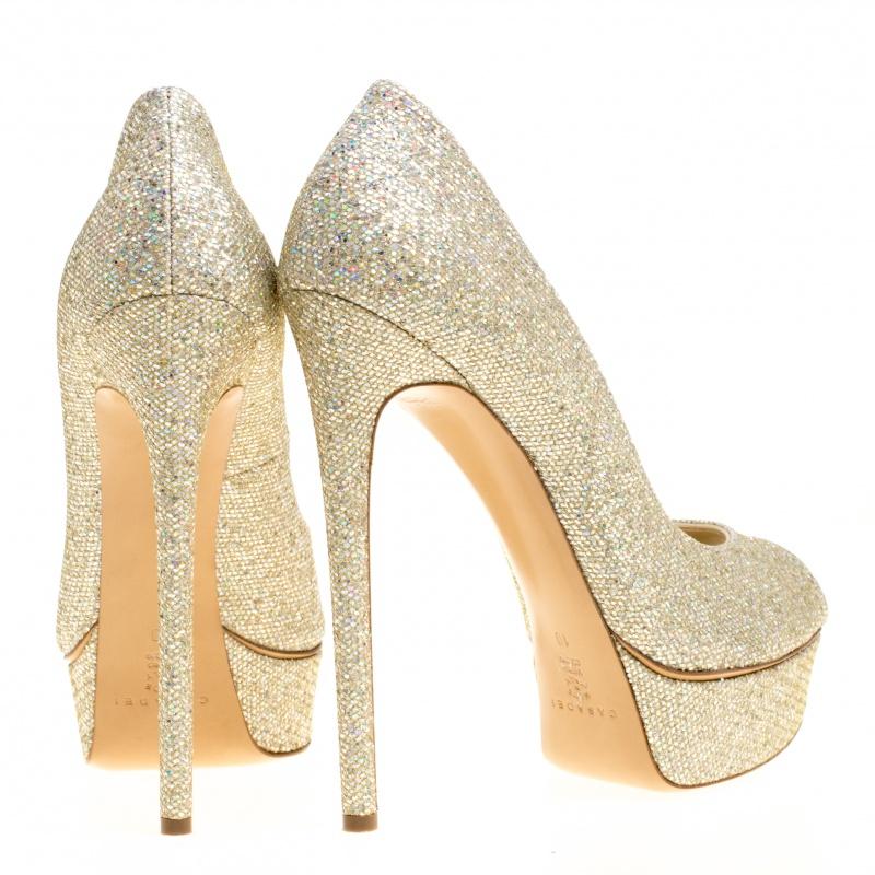 Casadei Glitter Lamé Fabric Daisy Peep Toe Platform Pumps Size 40 In New Condition In Dubai, Al Qouz 2