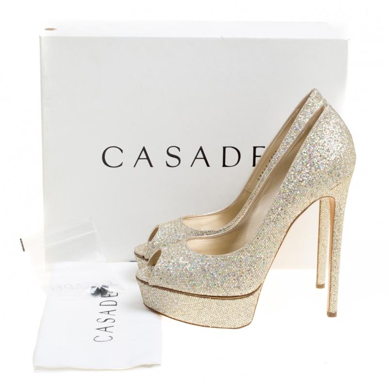 Casadei Glitter Lamé Fabric Daisy Peep Toe Platform Pumps Size 40 3