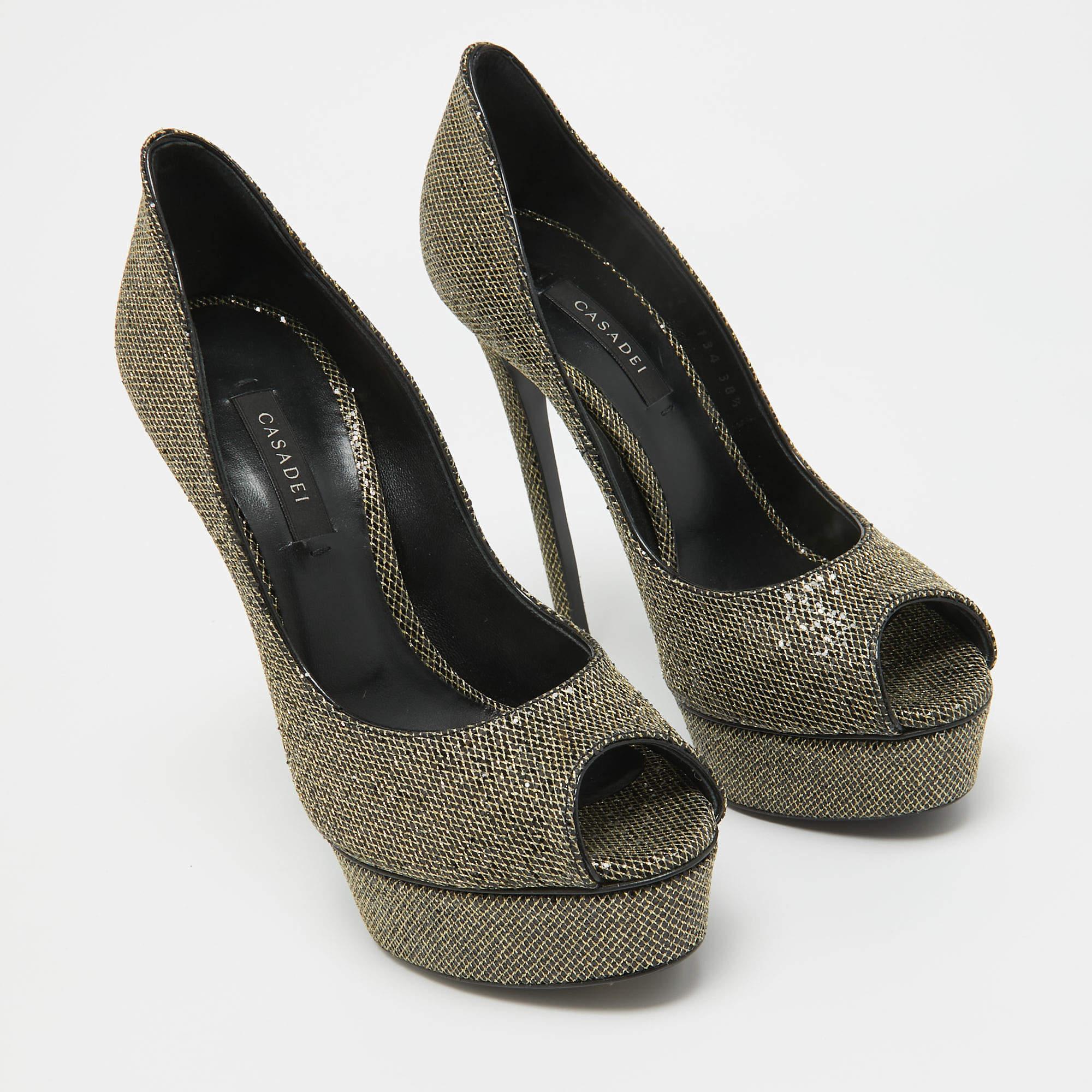 Women's Casadei Gold/Black Glitter & Lame Fabric Daisy Peep Toe Pumps Size 38.5 For Sale