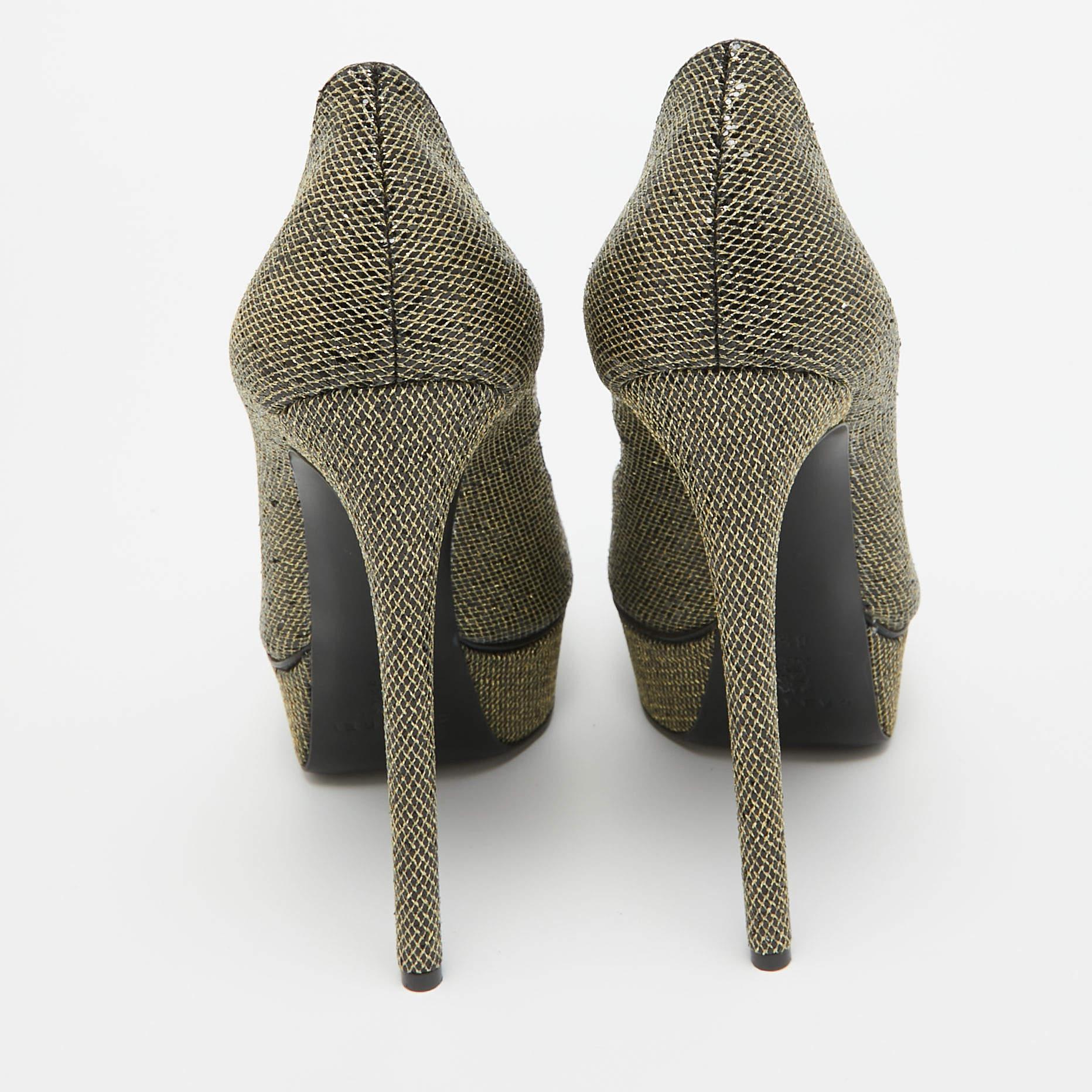 Casadei Gold/Black Glitter & Lame Fabric Daisy Peep Toe Pumps Size 38.5 For Sale 1