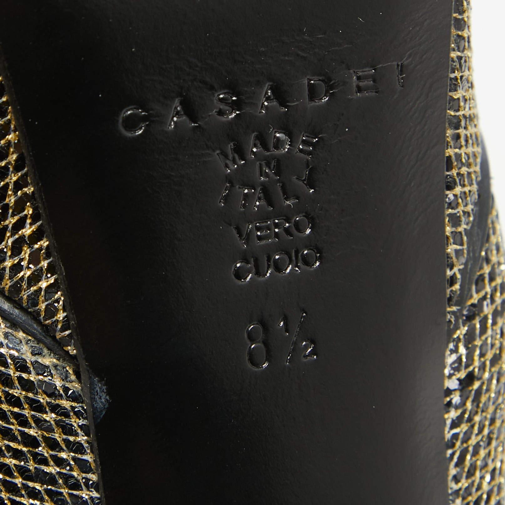 Casadei Gold/Black Glitter & Lame Fabric Daisy Peep Toe Pumps Size 38.5 For Sale 3