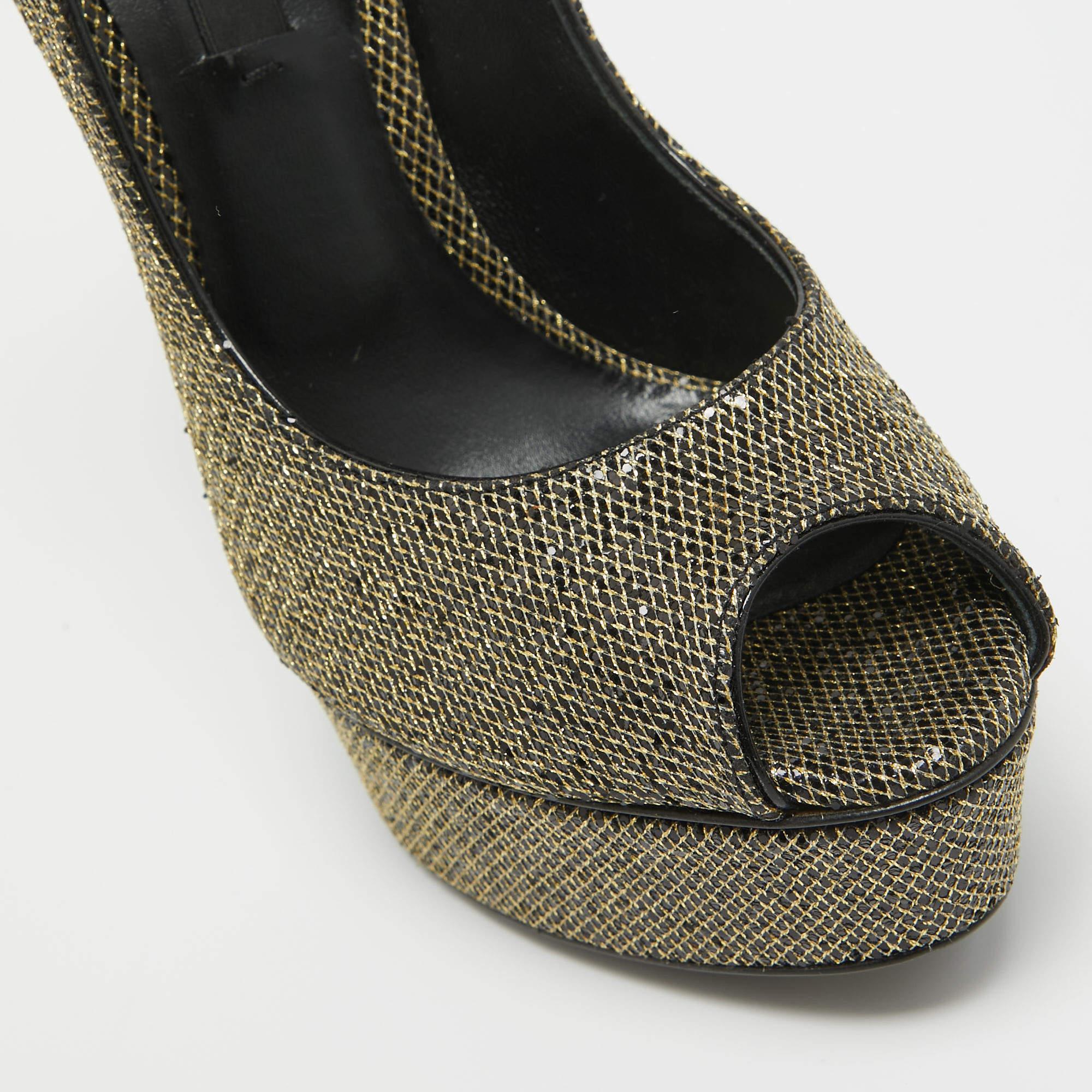 Casadei Gold/Black Glitter & Lame Fabric Daisy Peep Toe Pumps Size 38.5 For Sale 4