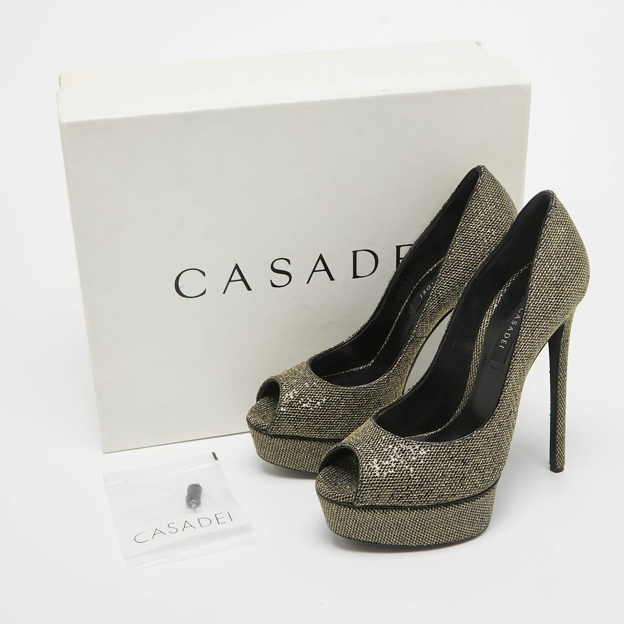 Casadei Gold/Black Glitter & Lame Fabric Daisy Peep Toe Pumps Size 38.5 For Sale 5