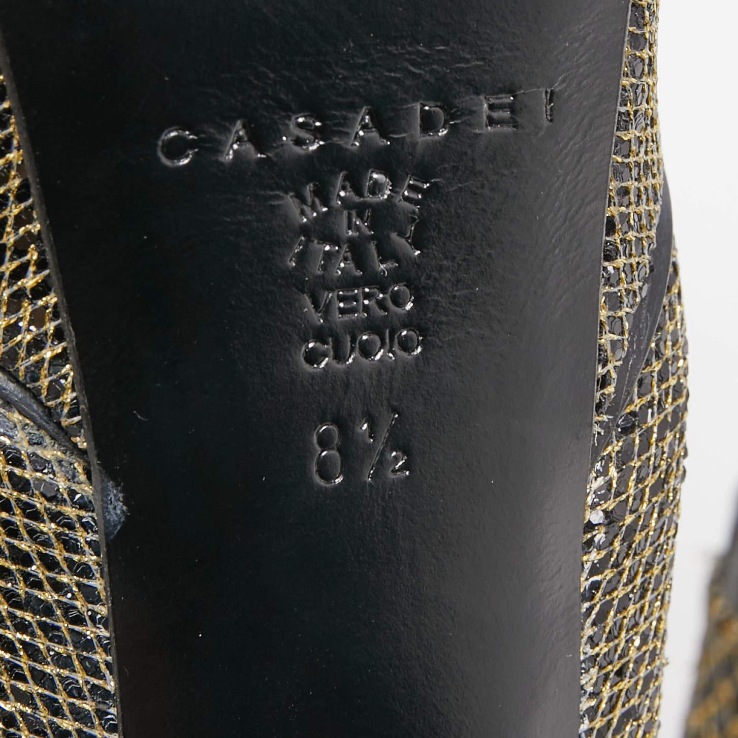 Casadei Gold/Black Lurex Fabric Peep Toe Platform Pumps Size 38.5 In New Condition In Dubai, Al Qouz 2