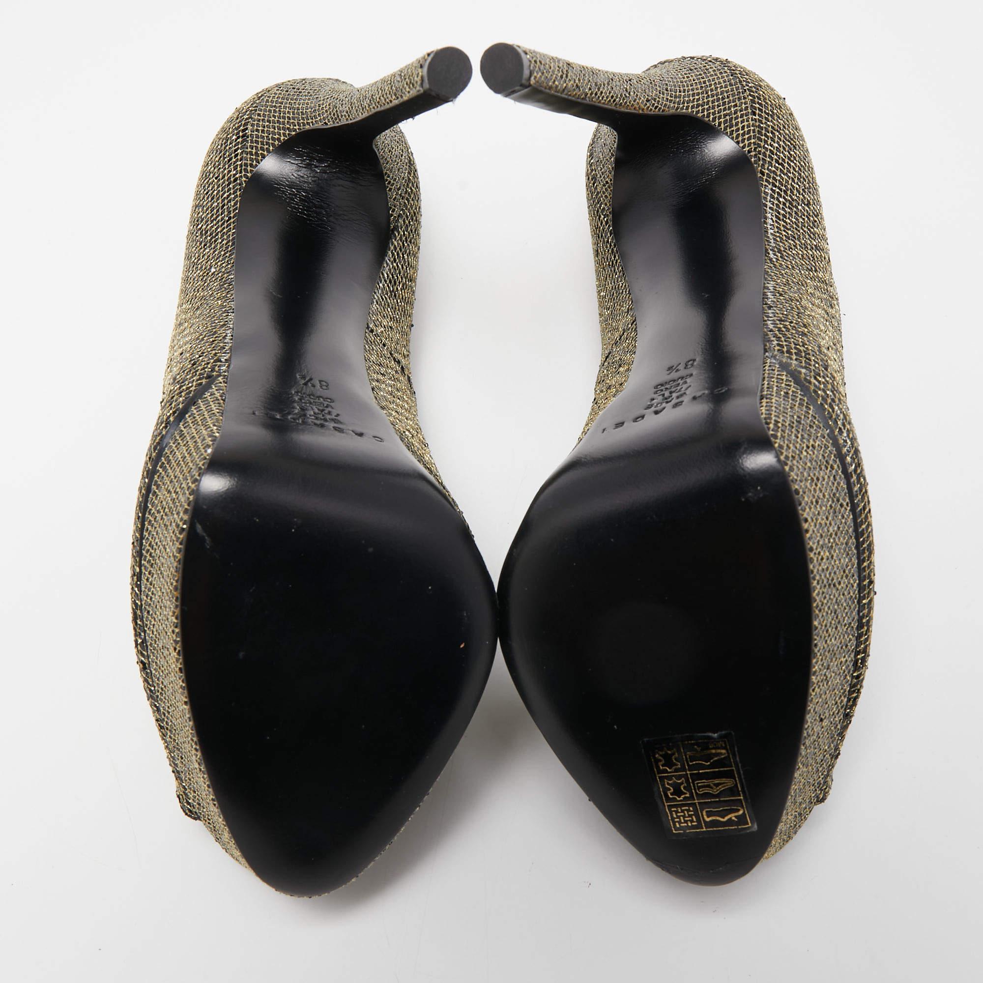 Women's Casadei Gold/Black Lurex Fabric Peep Toe Platform Pumps Size 38.5