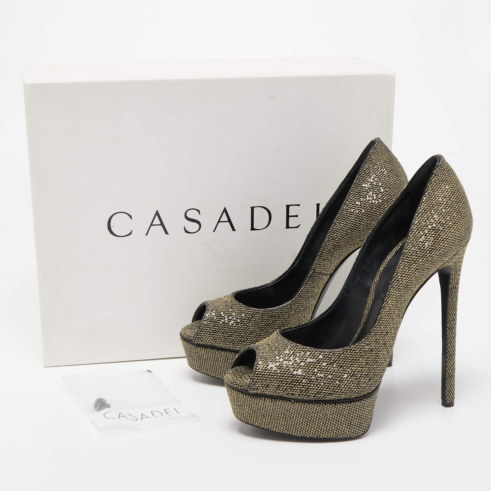 Casadei Gold/Black Lurex Fabric Peep Toe Platform Pumps Size 38.5 5