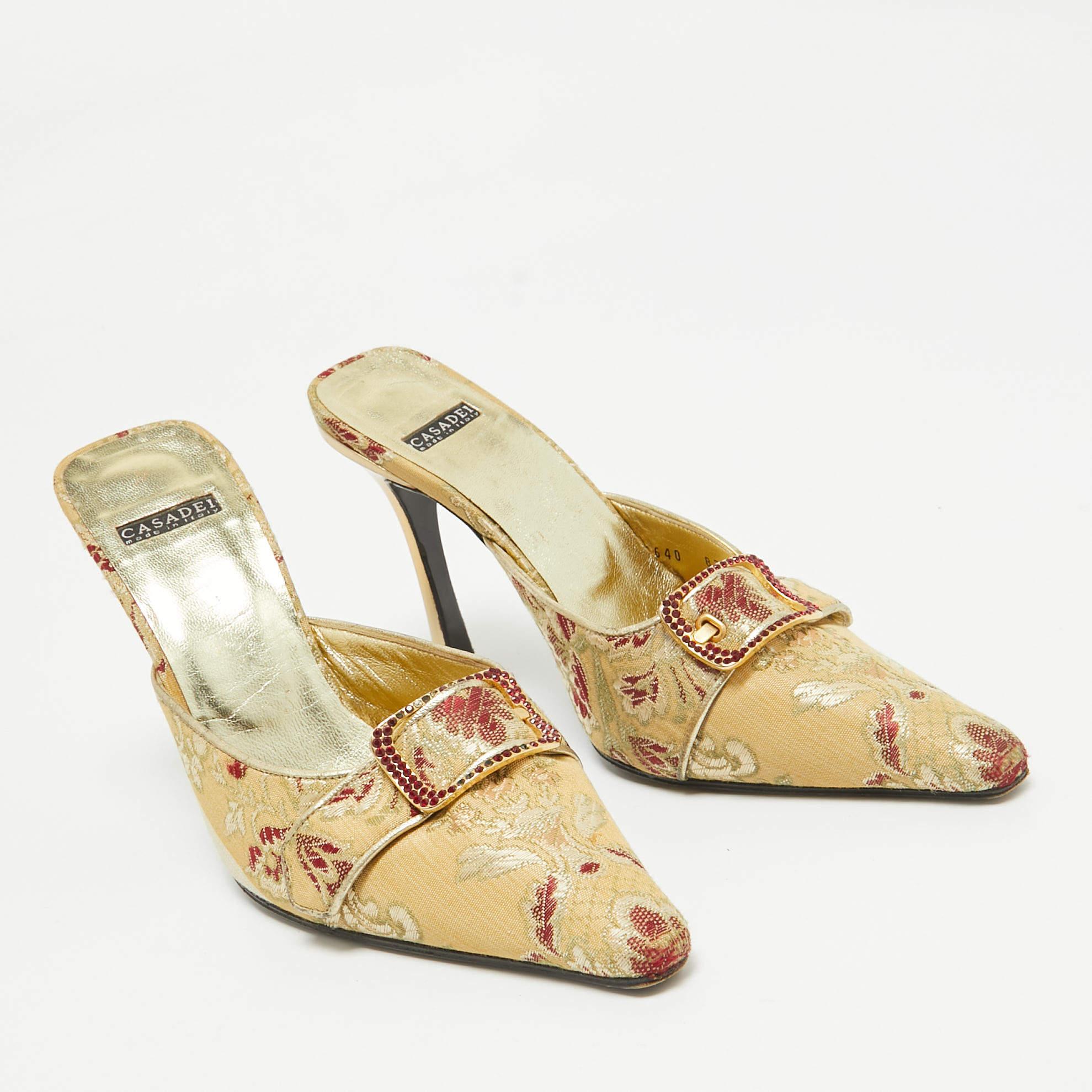 Women's Casadei Gold Floral Embroidered Fabric Mules Size 36.5 For Sale