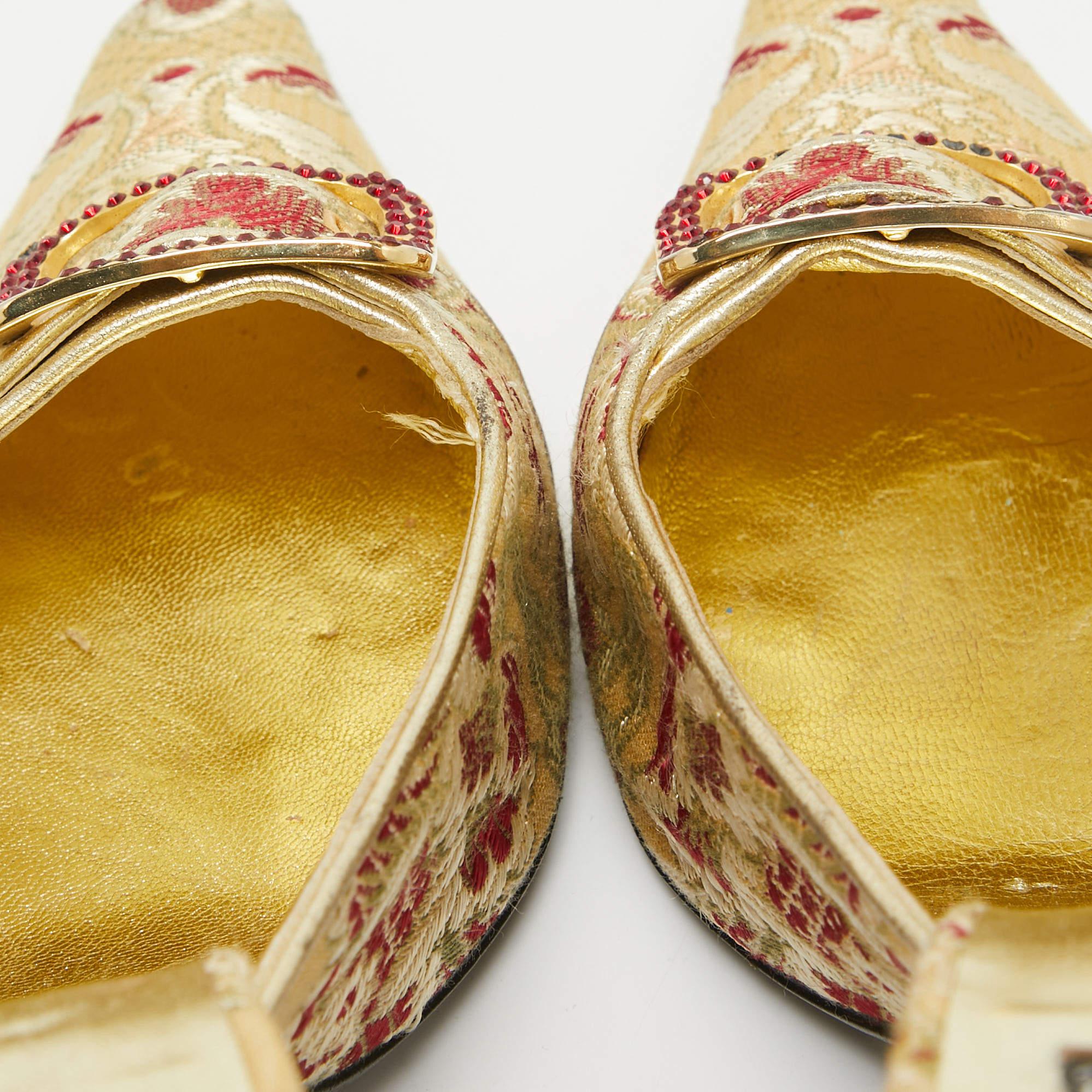 Casadei Gold Floral Embroidered Fabric Mules Size 36.5 For Sale 4