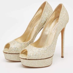 Casadei Gold Glitter Fabric Platform Peep Toe Pumps Size 40