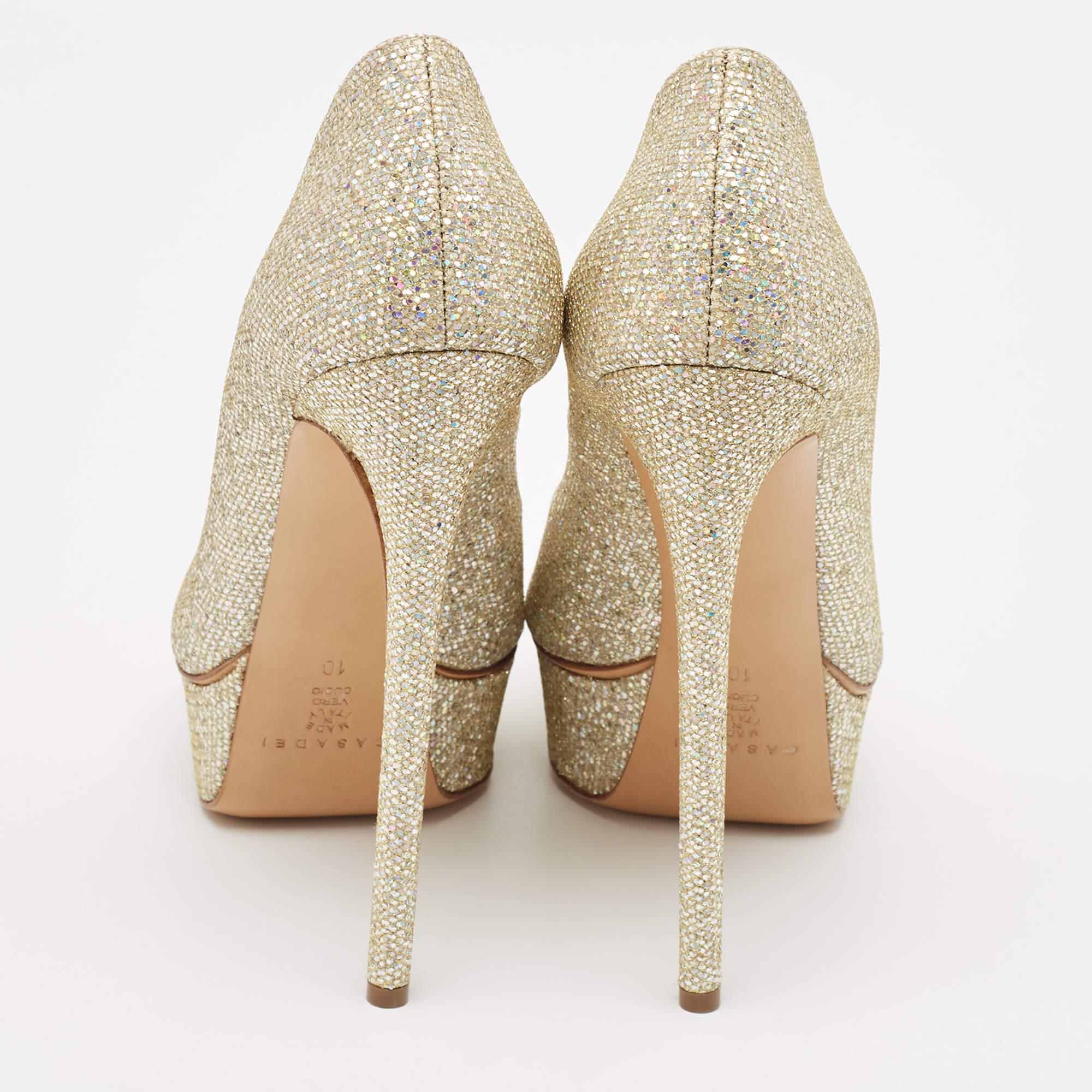 Casadei Gold Glitter Fabric Platform Peep Toe Pumps Size 40 For Sale 1