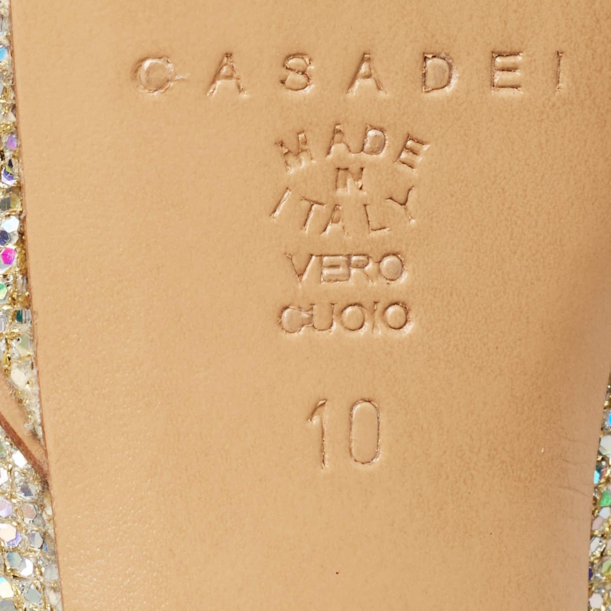 Casadei Gold Glitter Fabric Platform Peep Toe Pumps Size 40 For Sale 4