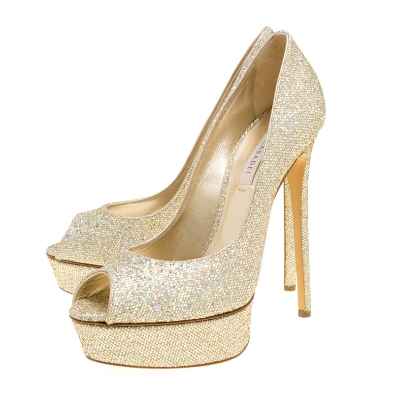 Women's Casadei Gold Glitter Lamé Fabric Daisy Peep Toe Platform Pumps Size 40