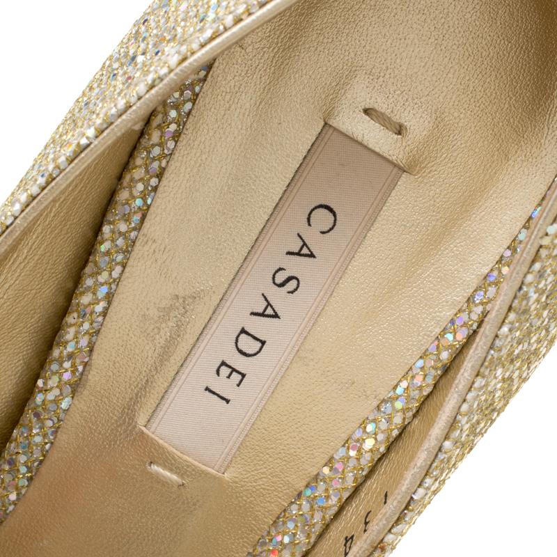 Casadei Gold Glitter Lamé Fabric Daisy Peep Toe Platform Pumps Size 40 2