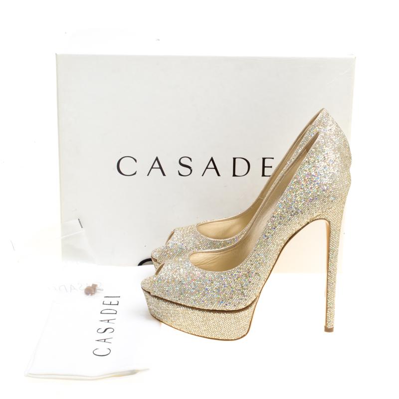 Casadei Gold Glitter Lamé Fabric Daisy Peep Toe Platform Pumps Size 40 3