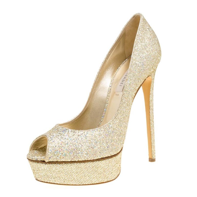 Casadei Gold Glitter Lamé Fabric Daisy Peep Toe Platform Pumps Size 40 ...