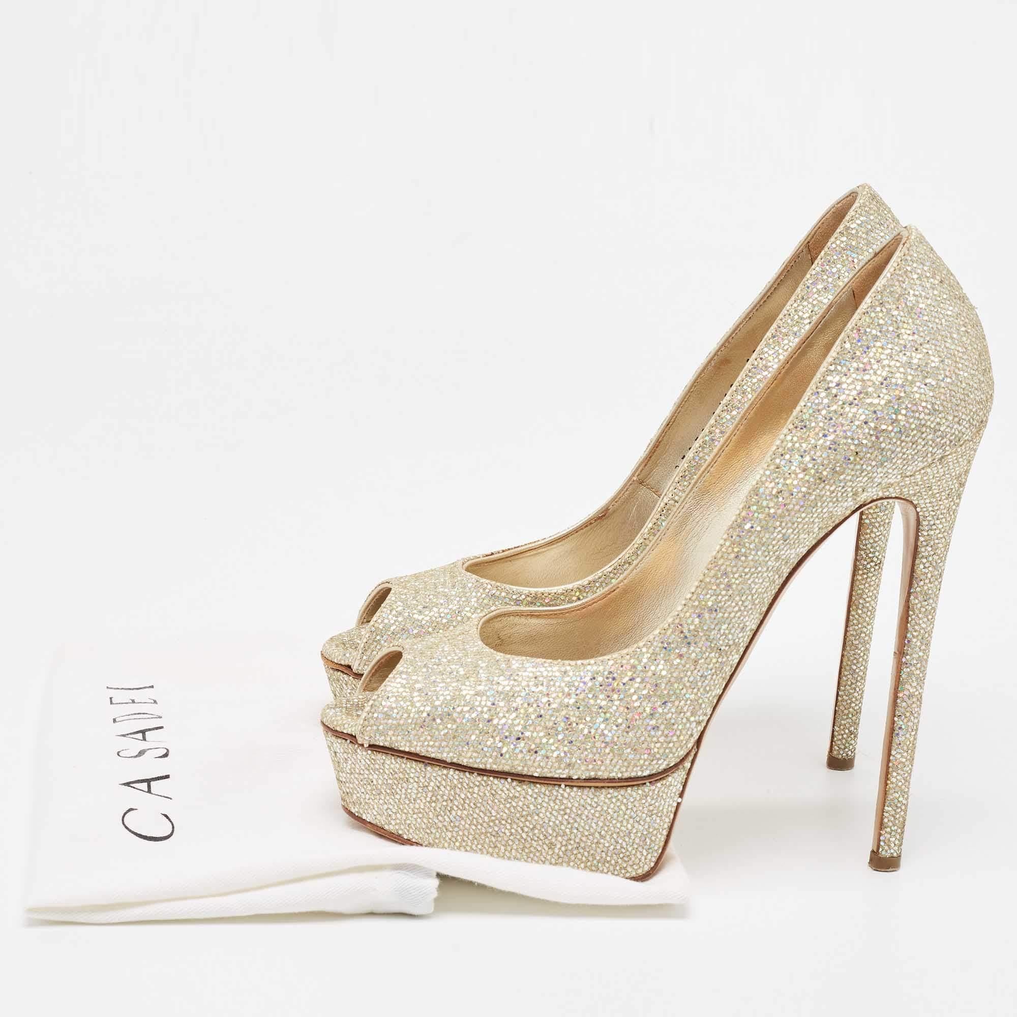 Casadei Gold Glitter Lamé Fabric Peep Toe Platform Pumps Size 39 For Sale 5