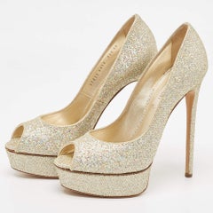 Casadei Gold Glitter Leather Peep Toe Platform Pumps Size 40