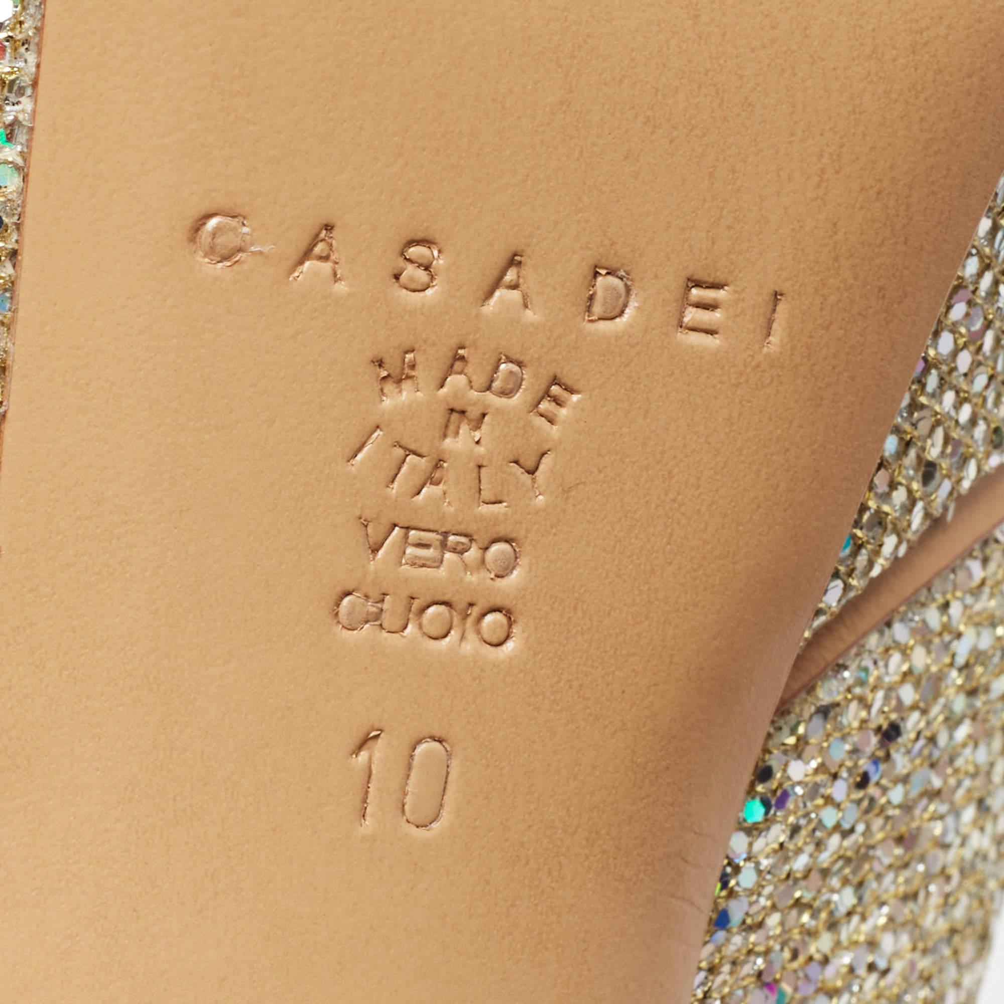Women's Casadei Gold Glitter Leather Peep Toe Platform Pumps Size 40 For Sale