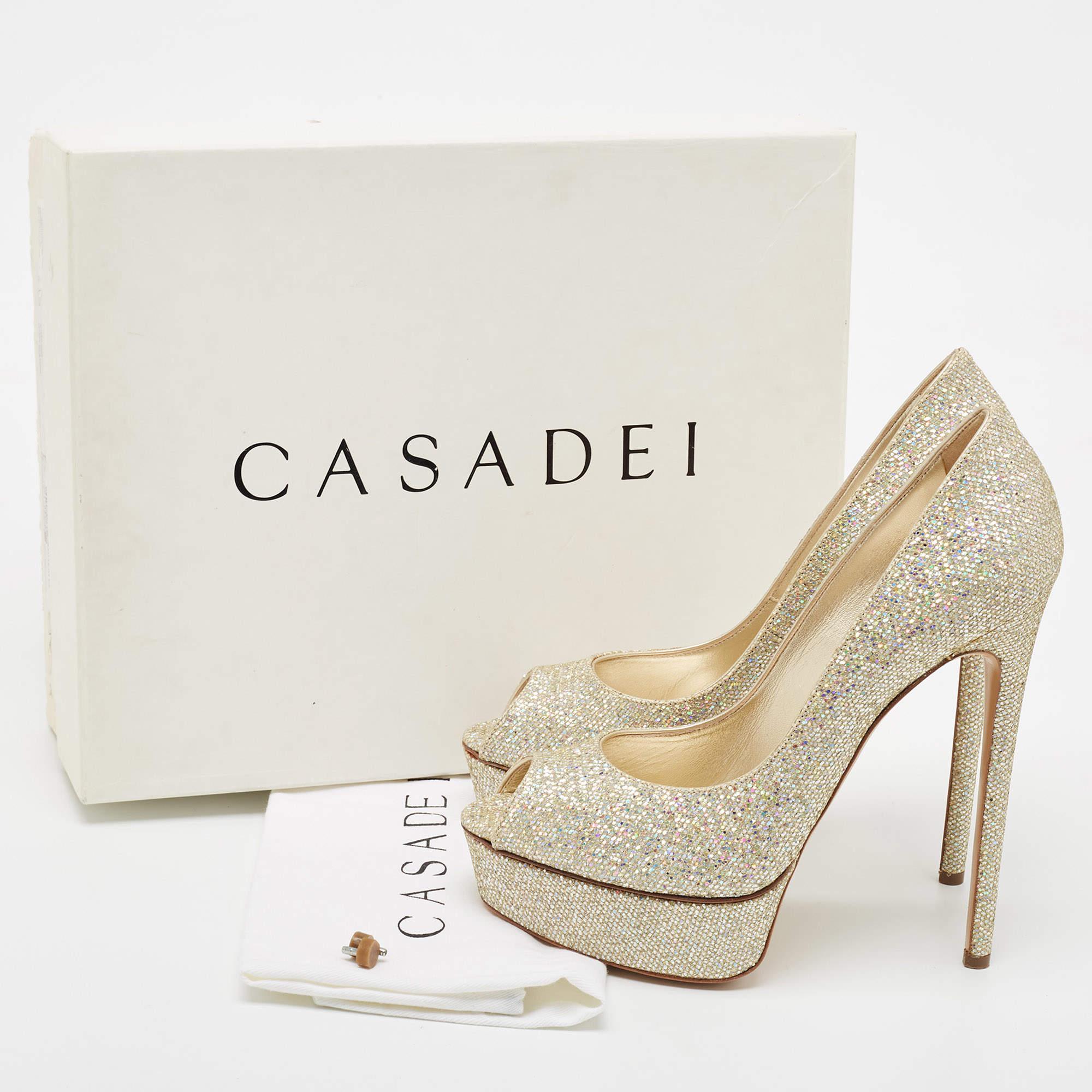 Casadei Gold Glitter Leather Peep Toe Platform Pumps Size 40 For Sale 5