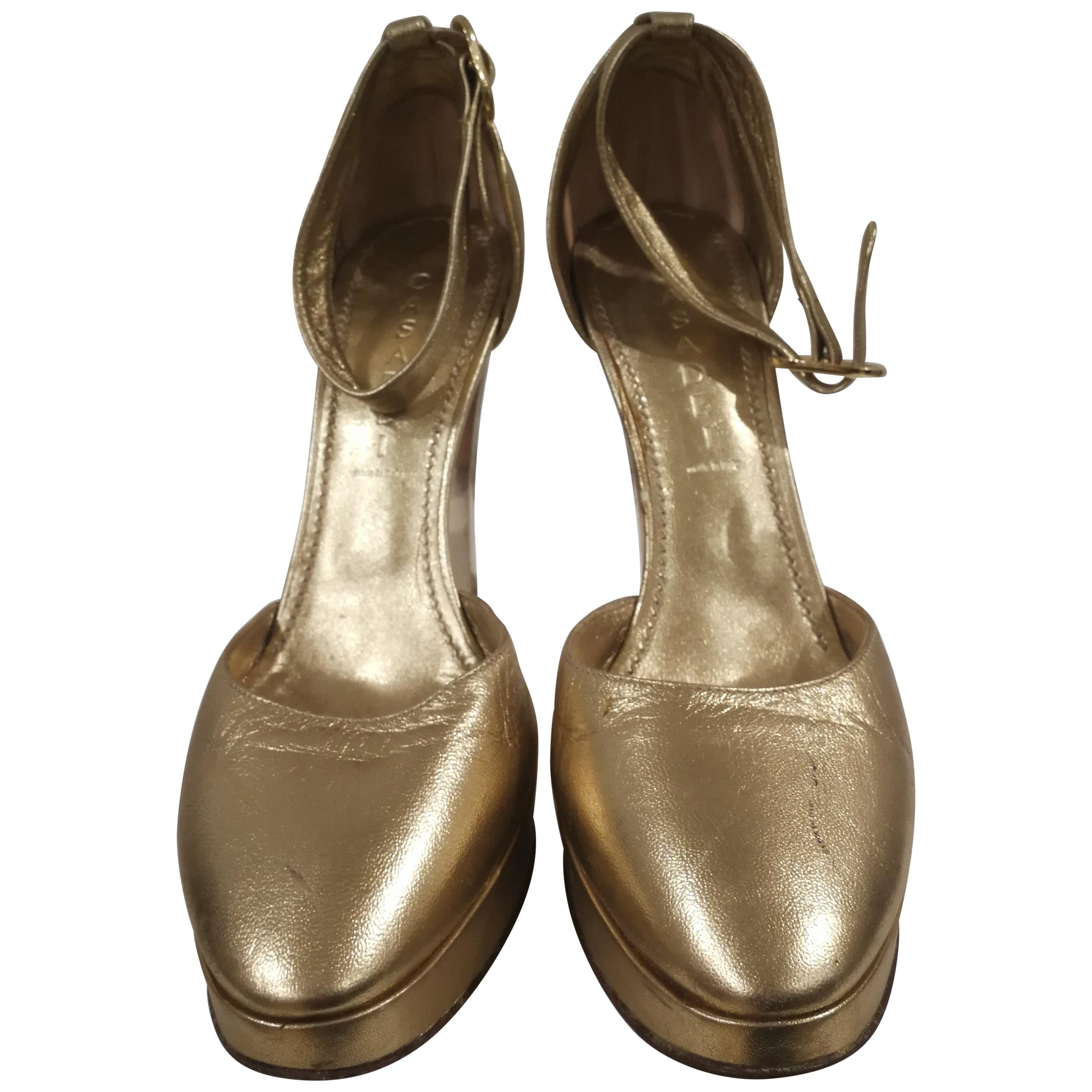 Casadei Gold Leather Sandals For Sale