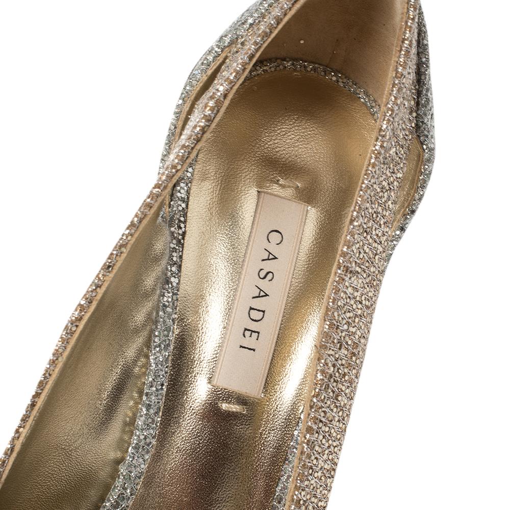 Women's Casadei Gold/Silver Glitter Fabric Peep Toe Pumps Size 39