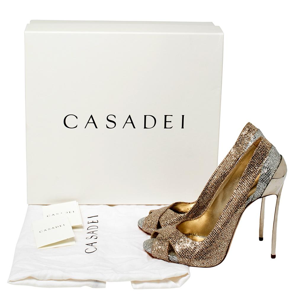 Casadei Gold/Silver Glitter Fabric Peep Toe Pumps Size 39 2