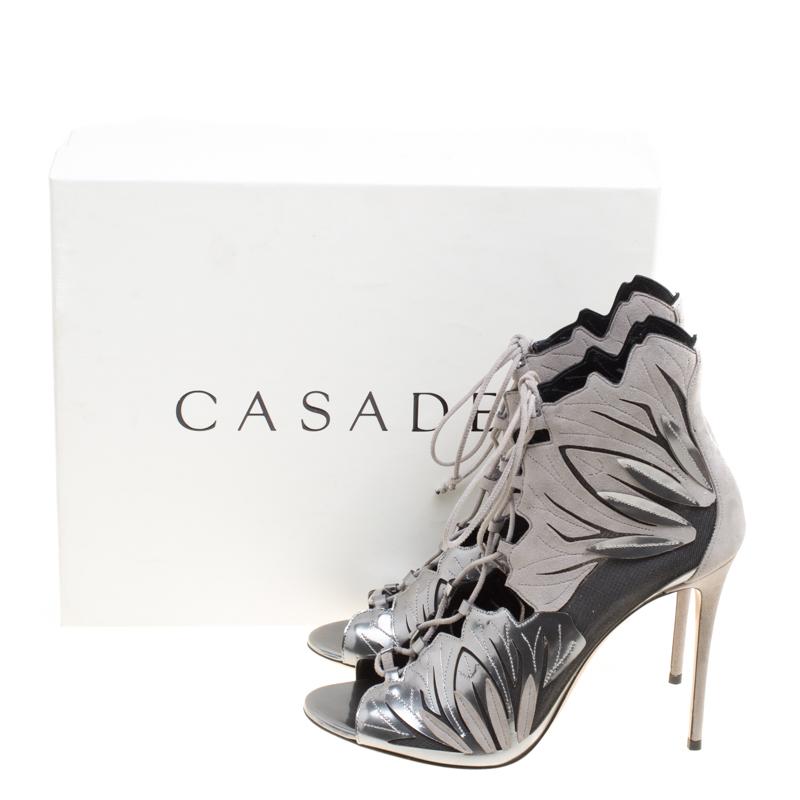 Casadei Grey Laser Cut Suede and Leather Peep Toe Lace Up Booties Size 40 3