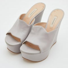 Casadei Grey Leather Platform Wedge Slide Sandals Size 38.5