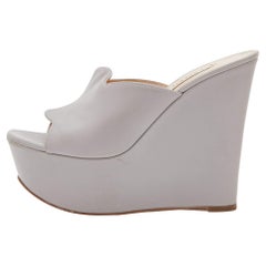 Casadei Grey Leather Platform Wedge Slide Sandals Size 38.5