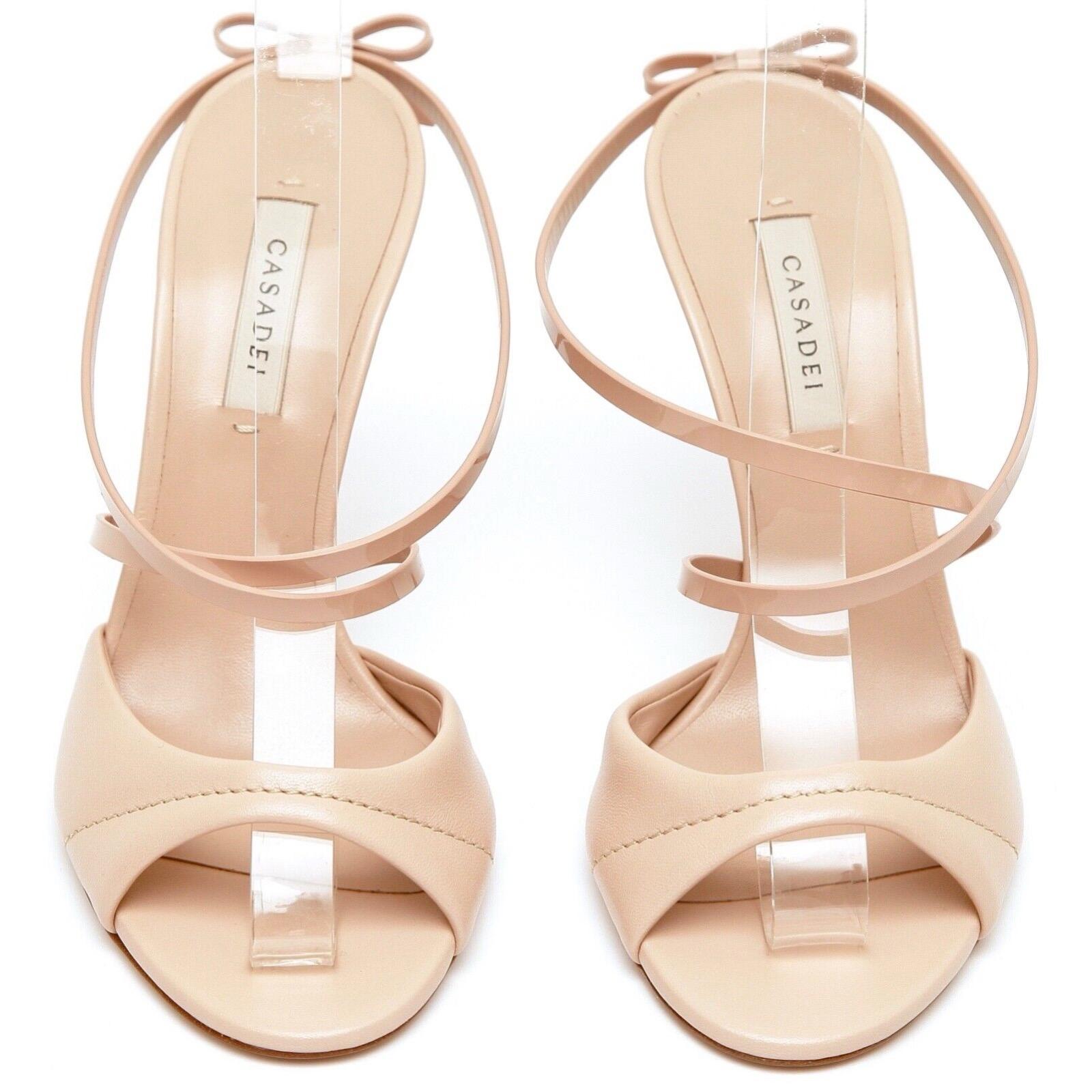 Beige CASADEI Leather Sandal Mule PENNY Blade Blush Pink Heel Bow Strappy Sz 38 NEW