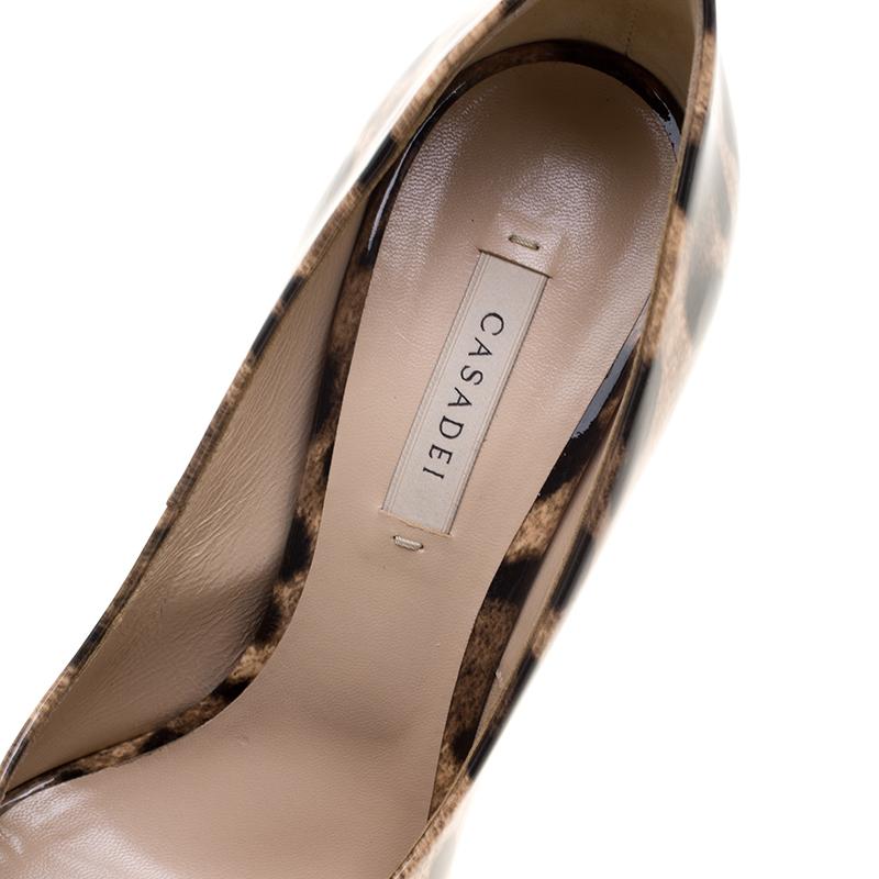 Women's Casadei Leopard Print Patent Leather Animalier Peep Toe Platform Pumps Size 40