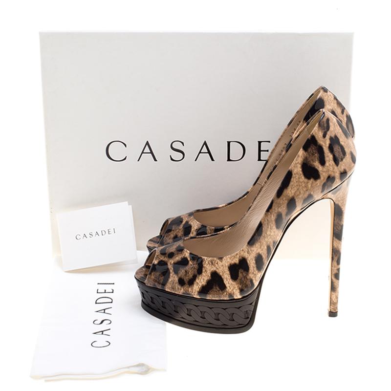 Casadei Leopard Print Patent Leather Animalier Peep Toe Platform Pumps Size 40 2