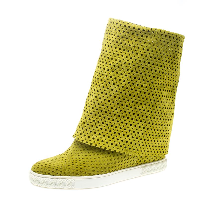 Women's Casadei Lime Green Perforated Suede Wedge Boots Size 39