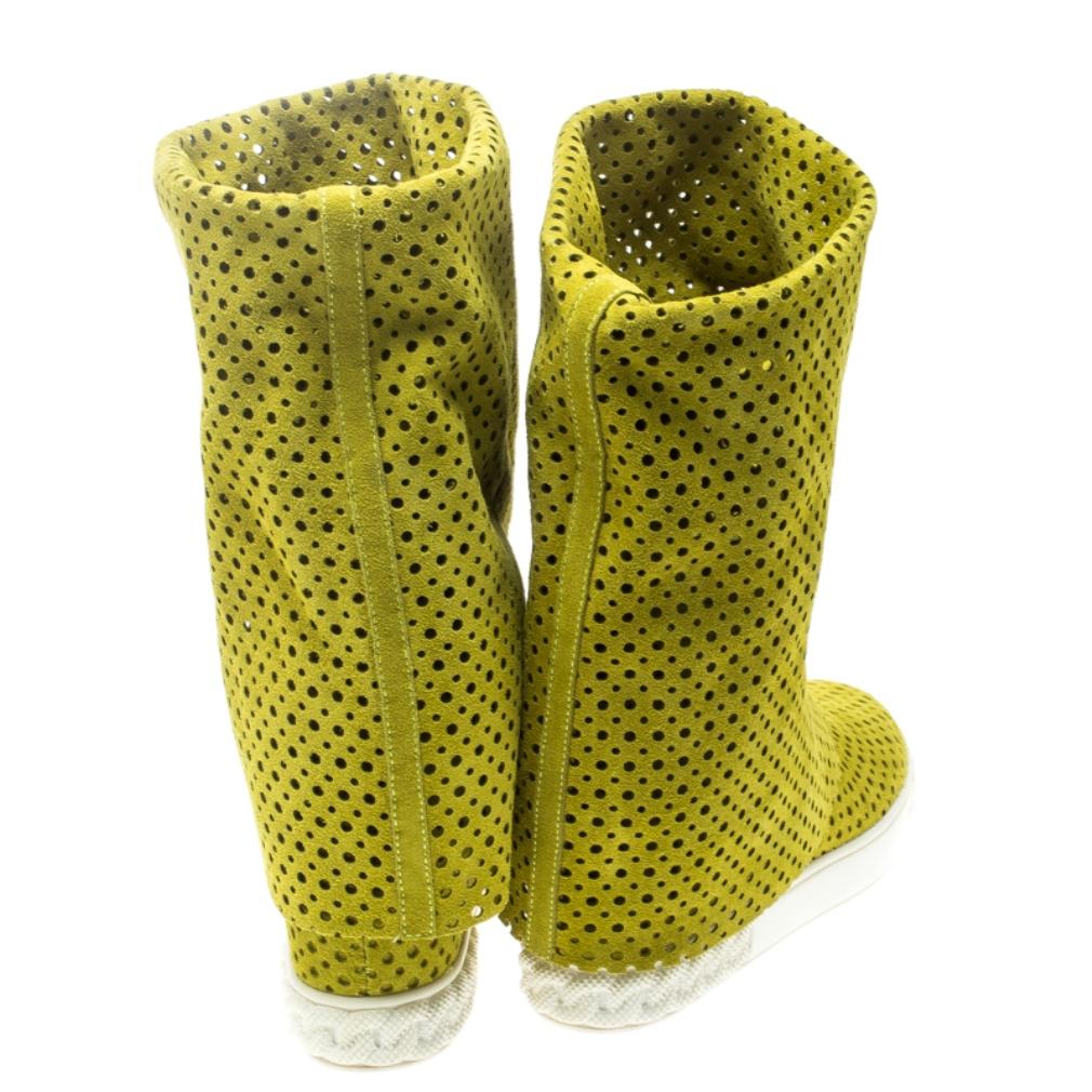 Women's Casadei Lime Green Perforated Suede Wedge Boots Size 39