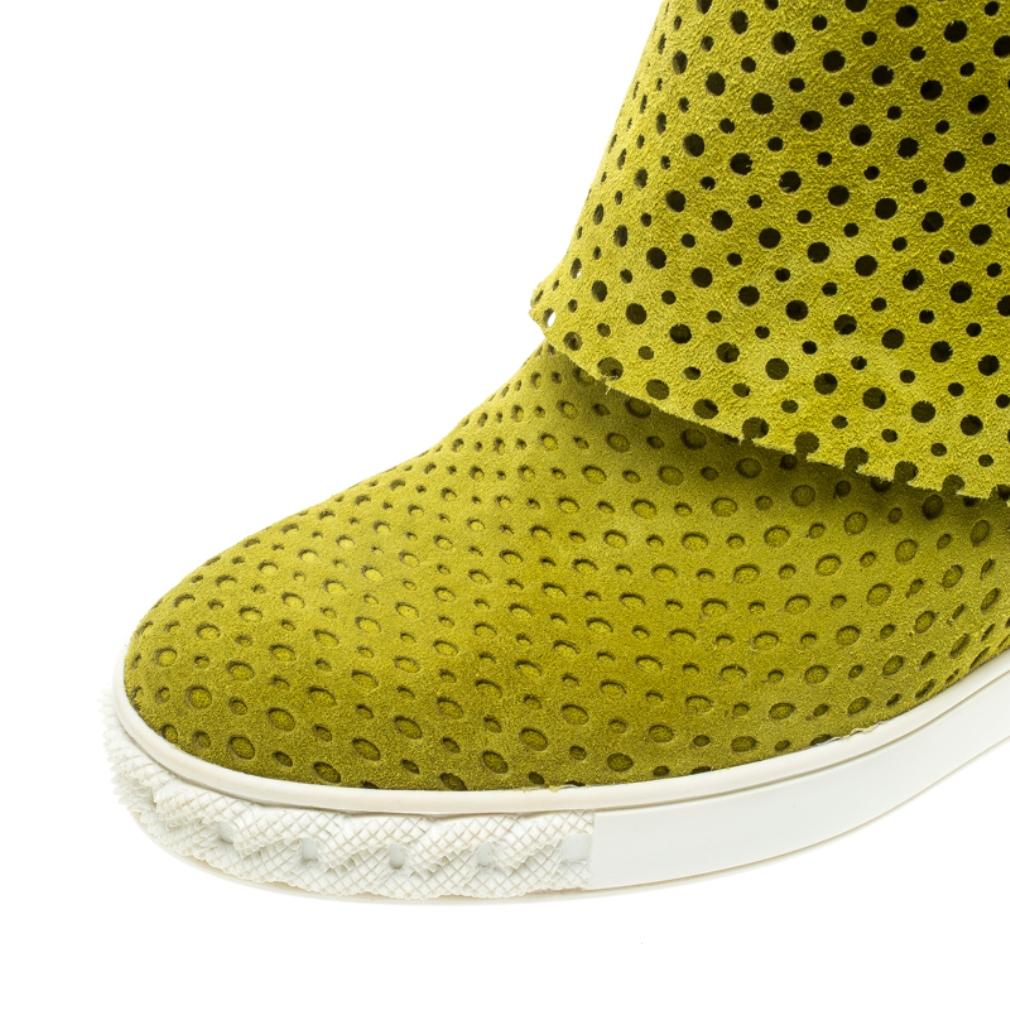 Casadei Lime Green Perforated Suede Wedge Boots Size 39 2