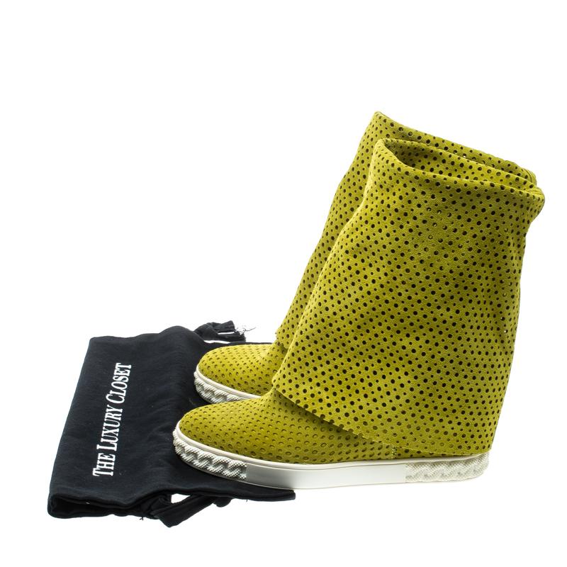 Casadei Lime Green Perforated Suede Wedge Boots Size 39 3